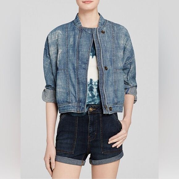 Free people bomber jacket Tattered Tennis Distressed jean jacket size Medium - Picture 1 of 7